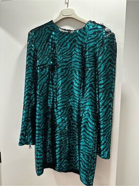 Balmain Teal and Black Sequined Zip Detail Dress